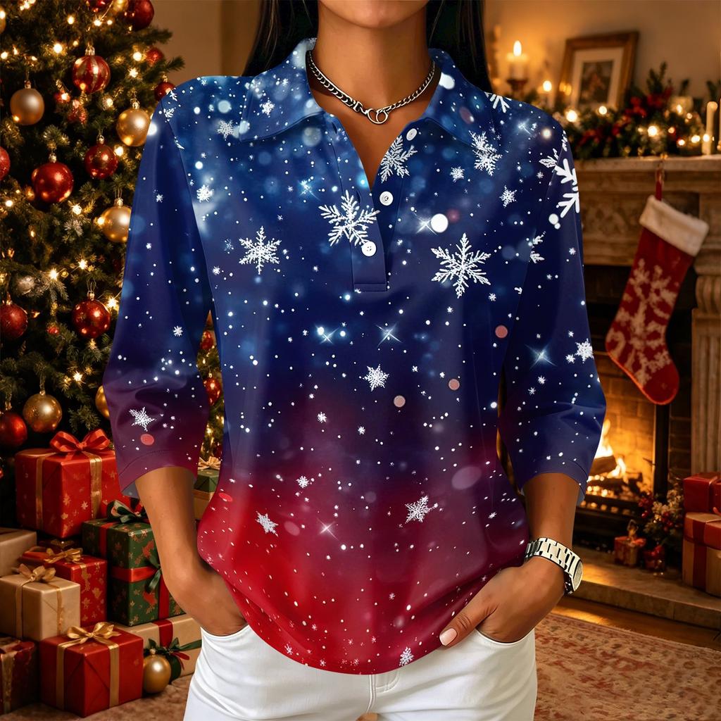 Women's Casual Christmas Print Button-Up Three-Quarter Sleeve Lapel Top