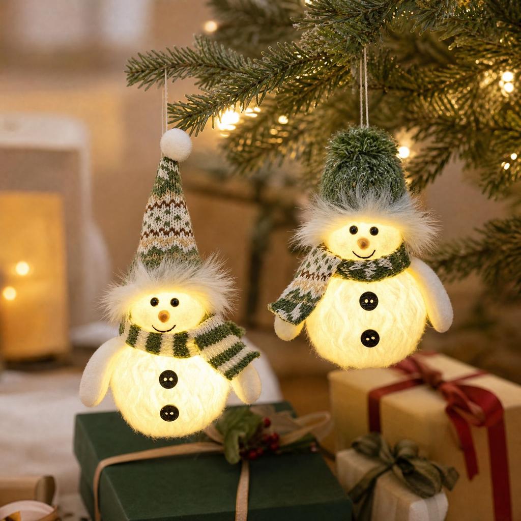 Lighted Snowman Christmas Tree Ornament - Knit Plush Hanging Decoration for Winter Holiday