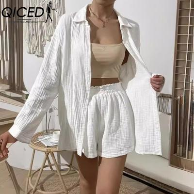 Women's Spring and Summer Fashion Solid Colour Long-sleeved Shirt Suit Women Casual Loose Shorts Two-piece Set