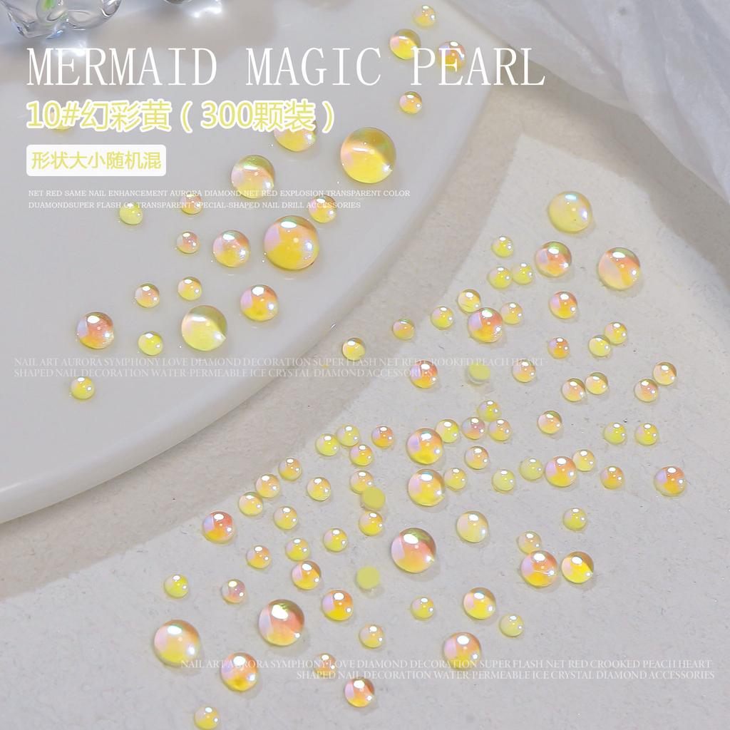 300pcs 3D Magic Colorful Mermaid Round Glass Aurora Translucent Crystal Beads Nail Charms Nail Art Decoration Accessories Tips