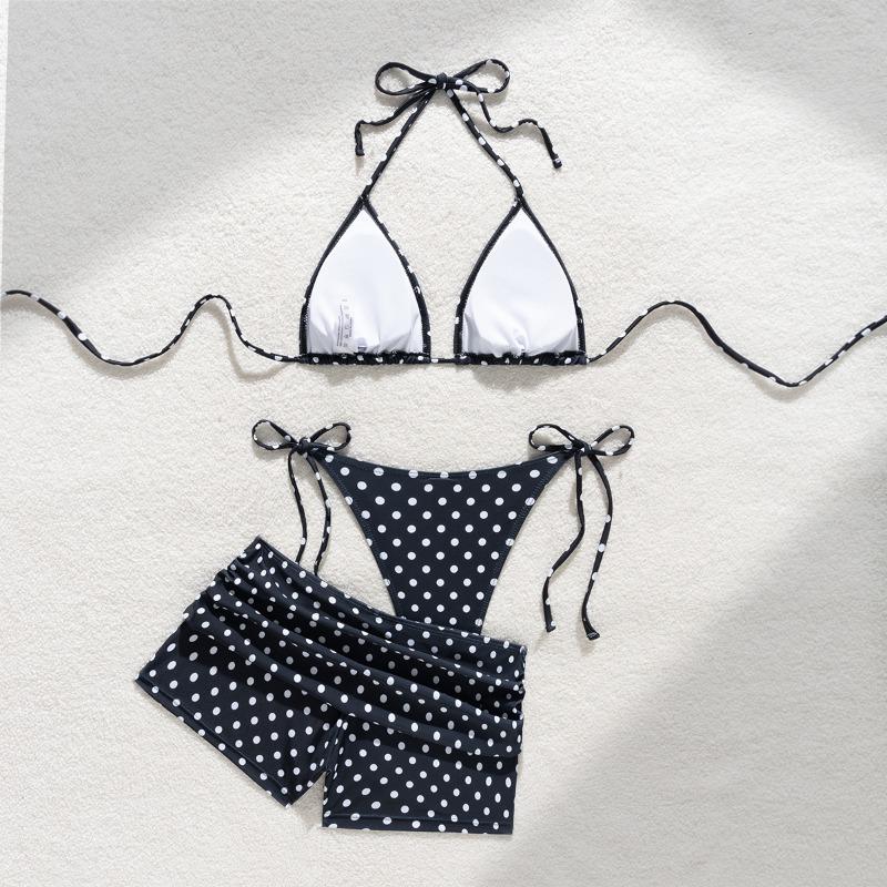 New Ladies Summer Beach Polka Dot Suspender Sexy Black Lace-Up Three-Piece Bikini Set