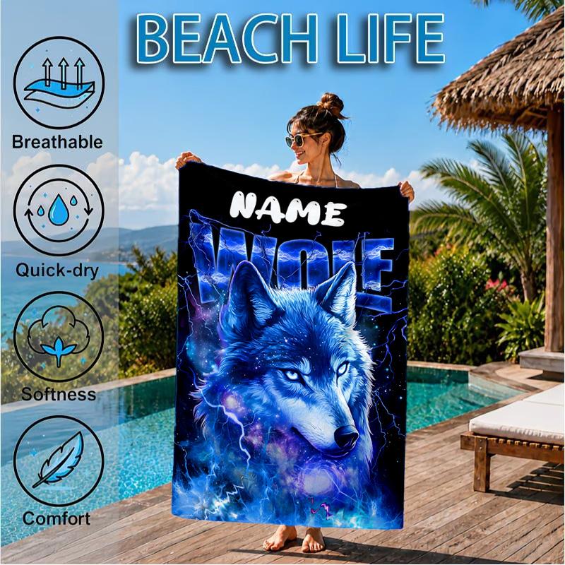 Personalisierbares Strandtuch mit Wolfsgeist-Motiv, Mikrofaser-Strandtuch, Leicht und Schnelltrocknend, für Sommerreisen, Schwimmbad-Geschenk