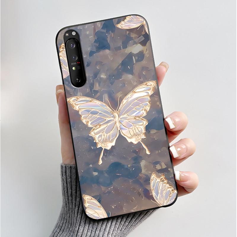 Hülle für Sony Xperia 1 II 1 III Luxus Mode Schmetterling Blume Schwarzes Silikon TPU Weiche Handyhülle für Sony 1II 1III Rückseite