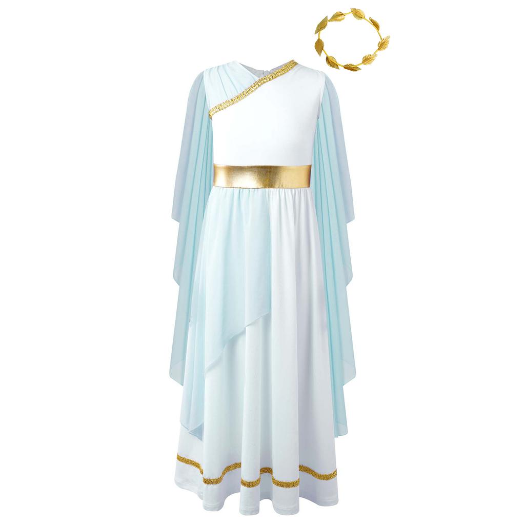 Girls Halloween Greek Beauty Costumes Gold Leaves Garland Headwear Chiffon Cap Sleeve Ancient Toga Dress