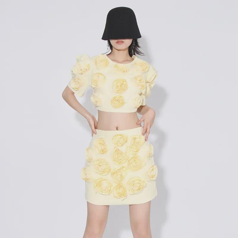 

Французский костюм-двойка с цветочным узором высшего качества: Весенний топ и юбка с высокой талией для женщин XL жёлтый