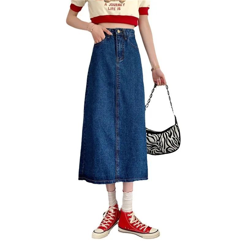 New 2025 Spring-Autumn Medium-Length Denim Skirt For Women High-Waisted Slimming Plus Size Curvy Girls A- Line Hip Covering Skir