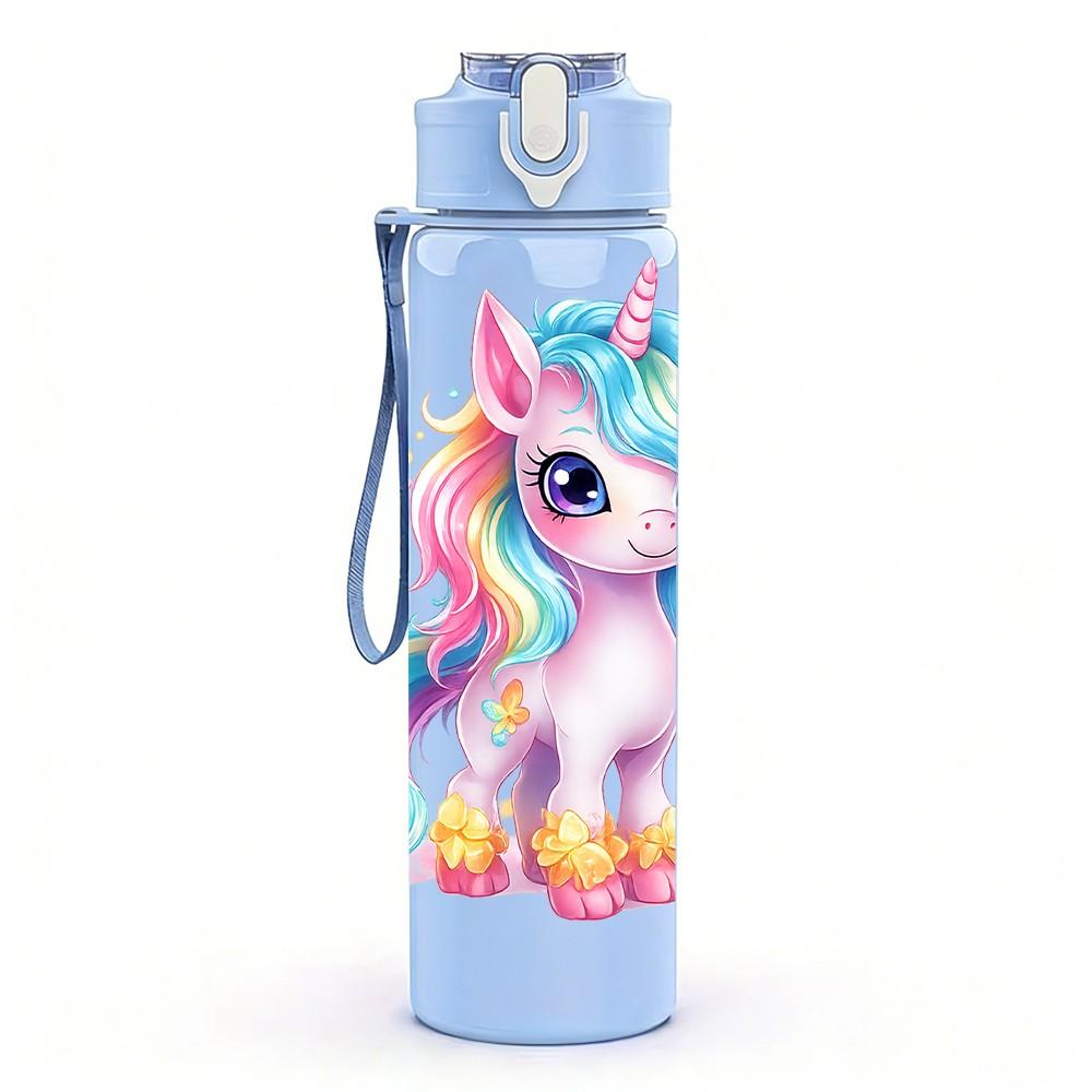 1PC Bright Pastel Unicorn Character Print 750ml Color Plastic Sports Water Bottle Leakproof Flip Straw Lid Suitable for Sports Office Home Use