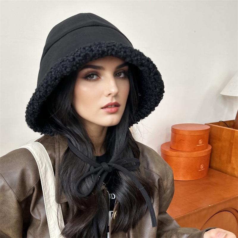 1PC Faux Shearling Warm Windproof Fashion Face Slimming Thickened Plush All-Match Bucket Hat Korean Women Winter 57.5cm