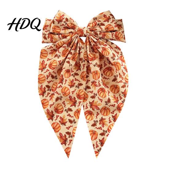 Autumn Hair Accessories with Ribbon Fall Pumpkin Maple Leaf Bows for Women Girls Pinecone Clips Large Bowknot Elegant Retro Pastoral Style