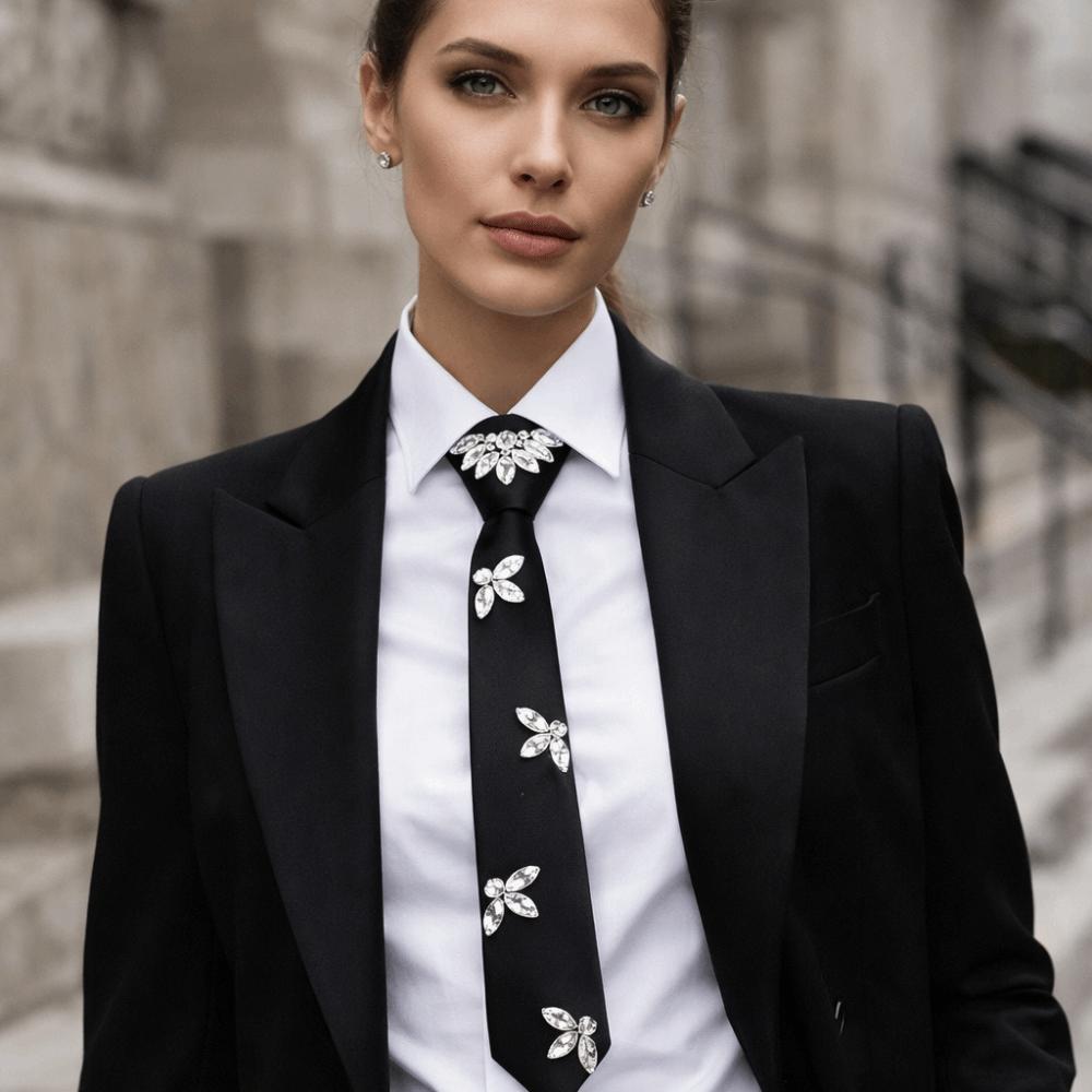 Black Rhinestones Tie Academic Style Decoration Shirt Tie Temperament Long Necktie  Students
