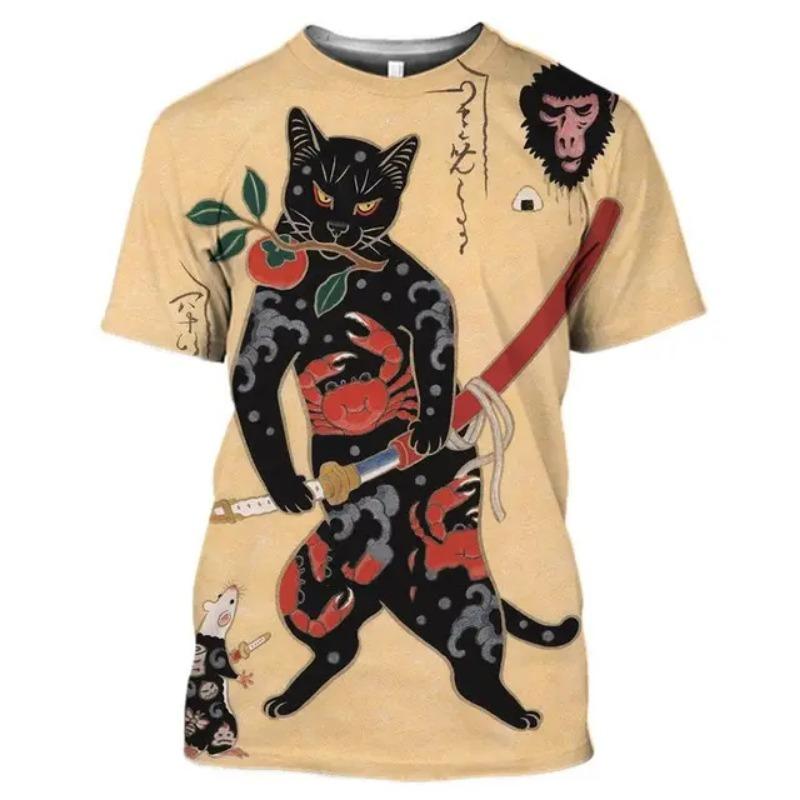 Retro T-shirt Men Women Samurai Cat Tattoo Shirt for Men 3d Print Cool Classic Art Shirt for Summer Round Collar Tops Tees
