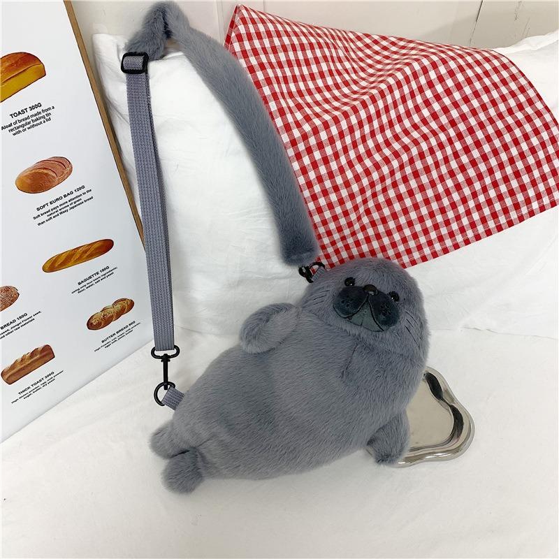 Fur Seal Plush Bag Cute Grey Seal Handbag Kawaii Sea Animal Crossbag Makeup Bag for Women White Seal Phone Bag Birthday Gifts