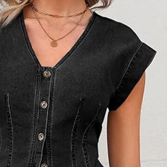 Women's V Neck Denim Vest Top, Sleeveless Button Down Ruffle Trim Jean Top, Summer Casual Strechy Waistcoat