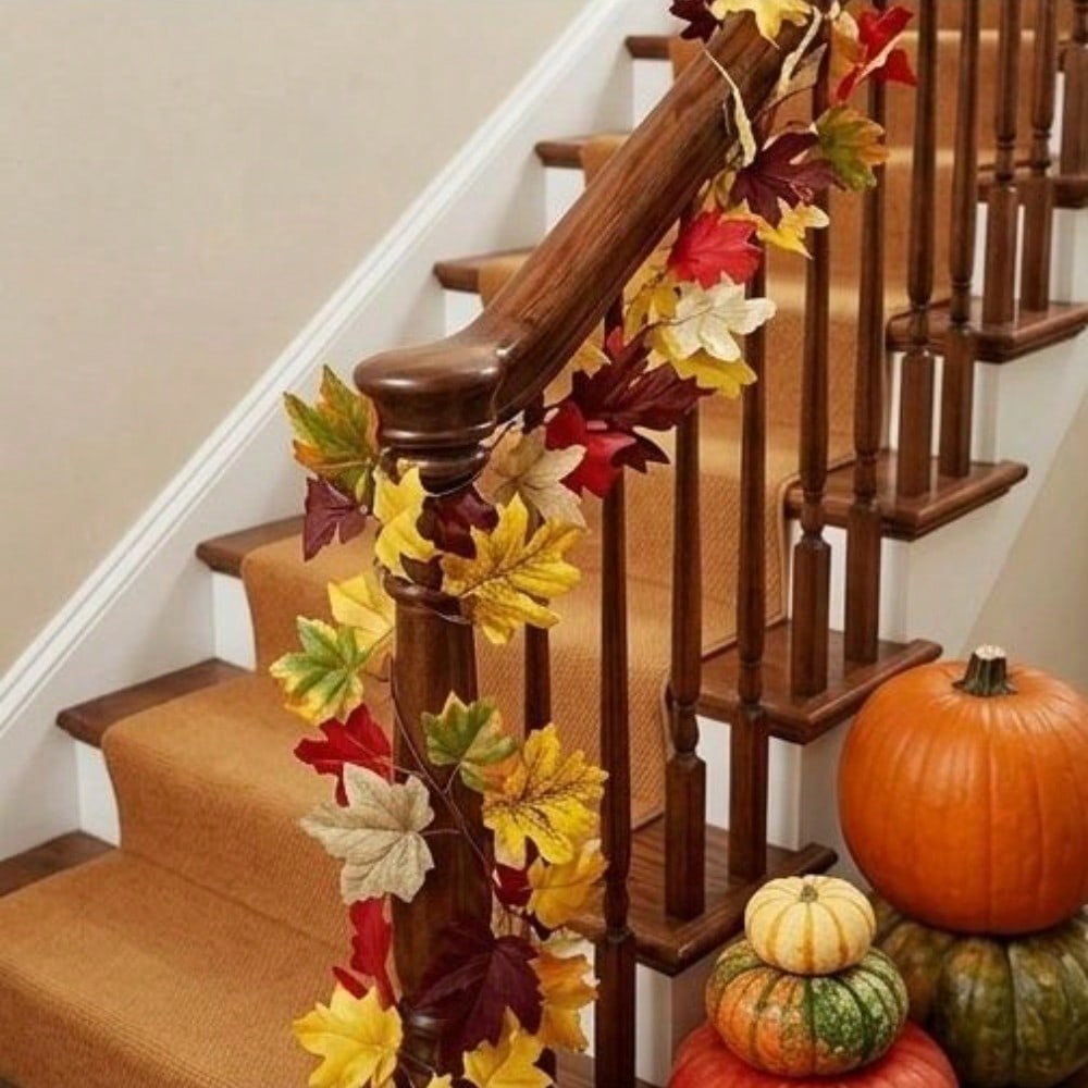 2Pcs Fall Artificial Maple Leaf Wreath—Harvest Festival, Thanksgiving, and Halloween Decorations; Artificial Maple Leaves and Vine; Outdoor Garden