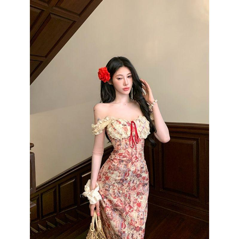 

One-Shoulder Floral Lace Tube Top Dress for Women, Summer Seaside Vacation, Sexy Pure Desire Slim Fit Hip-Hugging Long Dress Dress S