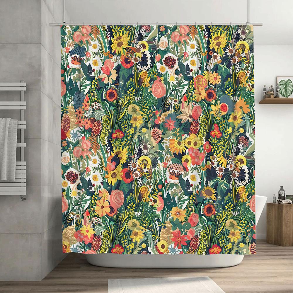 Spring Floral Shower Curtain Decorative Bath Rug Cover with Flowers for Bathroom Green Yellow Red White Colorful Shabby Chic Des