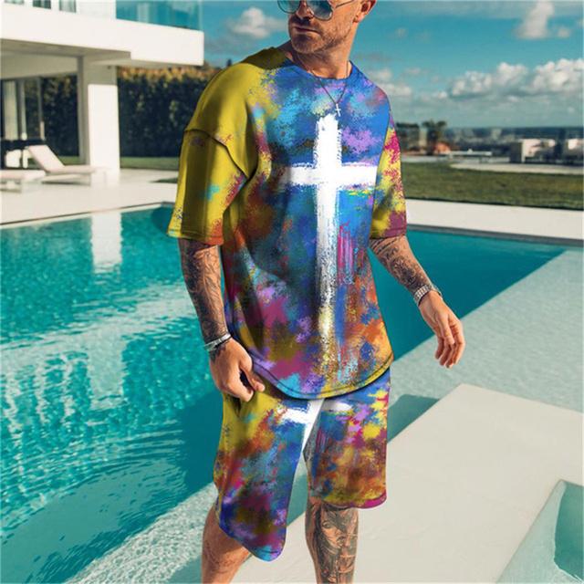 Set de tricou Camouflage retro Splash Ink Imprimare 3D Pantaloni scurți cu mânecă scurtă Moda hip-hop de vară Costum de îmbrăcăminte sport pentru bărbați
