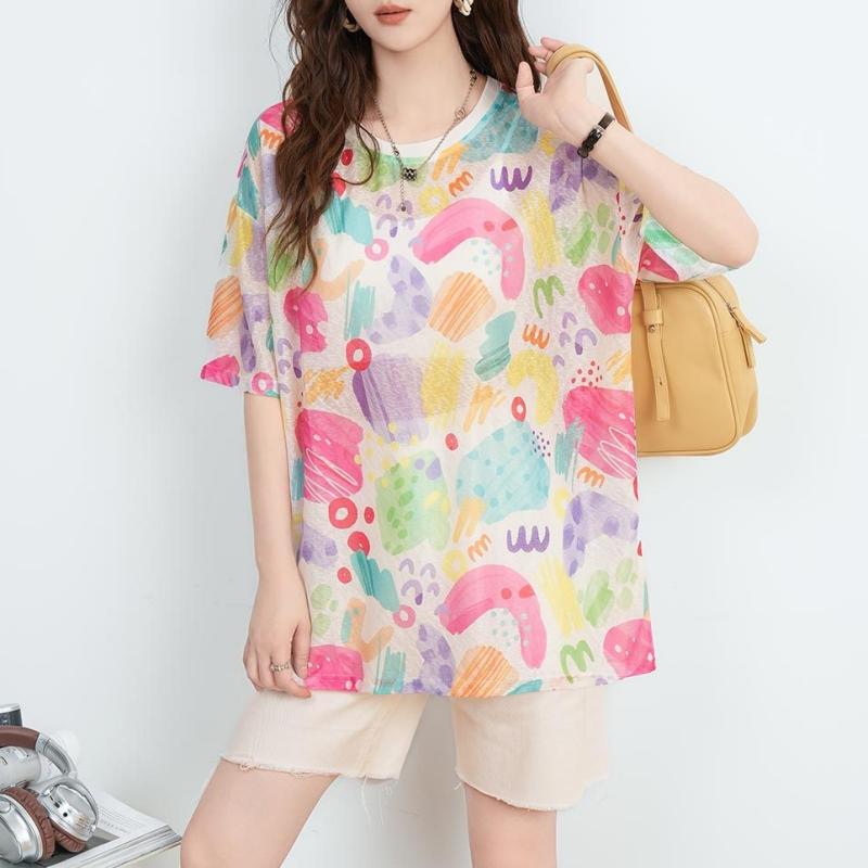 DIMANAF 2026 Plus Size Summer Women T-Shirts Casual Lady Tops Tunic Tees Shirt Beach Oversize Loose Floral Print Knitted
