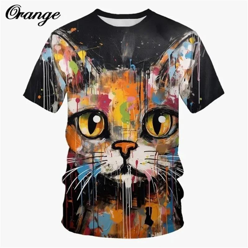 Animal Cat Print Tops Loose Simple Short Sleeves Fashion T-Shirts Men’s