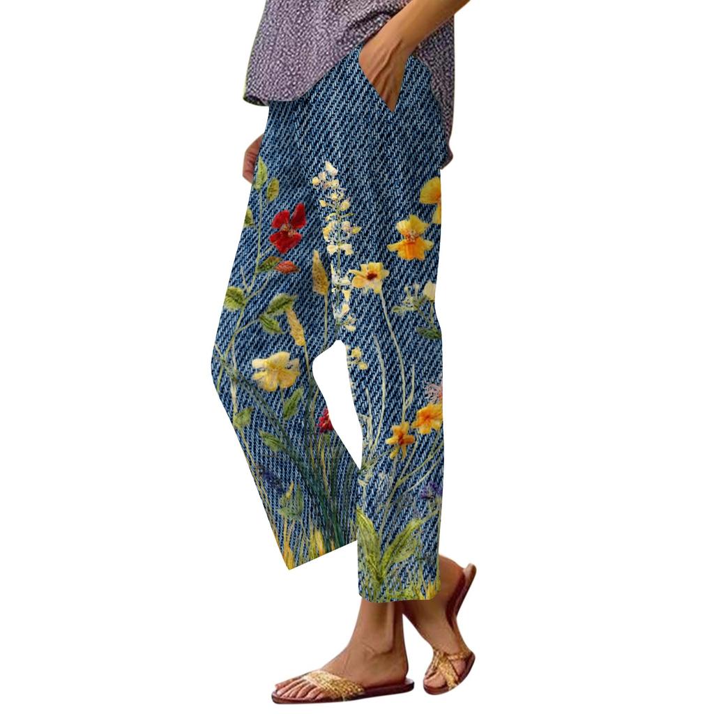 Hawaii Capri Pants for Women Casual Tropical Floral Print Pants Elastic High Waist Drawstring Summer Beach Trousers