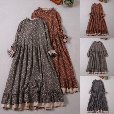 Autumn Japanese Mori Women's Floral Dress with Wooden Ears Mid-length Literary Casual Half-cardigan Long-sleeved Women's Skirt