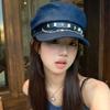 British Style Denim Octagonal Hat Korean Style Retro Painter Hat Casual Rivet Denim Beret  Girl