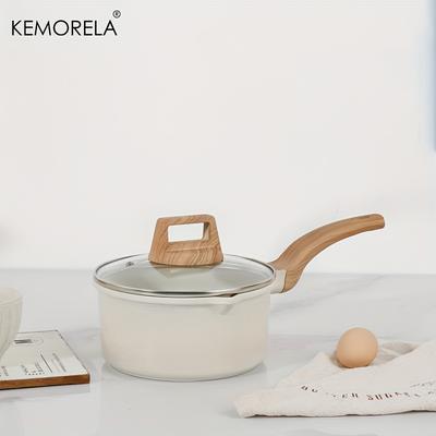 Juego de 1 Cazo Antiadherente con Tapa - Compatible con Inducción Boquilla para Verter Beige Claro con Mangos de Madera Ideal para Cocinar en la Cocina