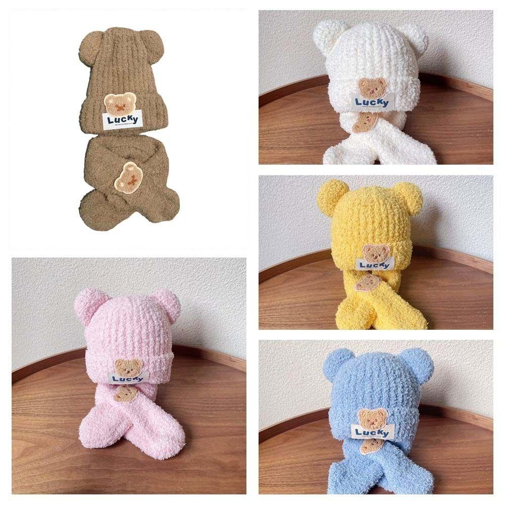 Bear Kids Crochet Hat Solid Color Children's Ear Protection Hat Winter Baby Hat with Scarf  Boys