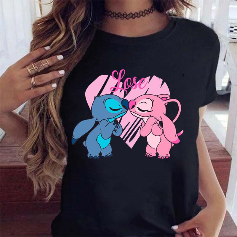 New Fashion FeUnisex Clothing Cartoon Disney Stitch Womens Tshirt Summer Short Sleeve Black Tops