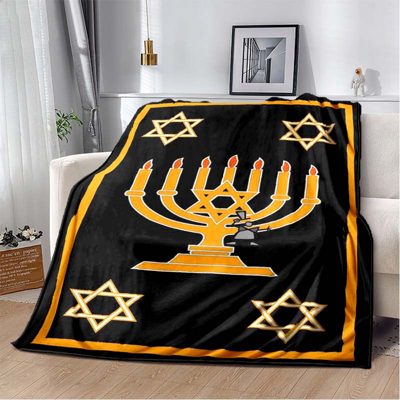 Jewish Holiday Golden Menorah Star David Black Yellow Border Print Soft Flannel Throw Blanket Sofa Bed Warm Decor Cover For Religious Festival Fans