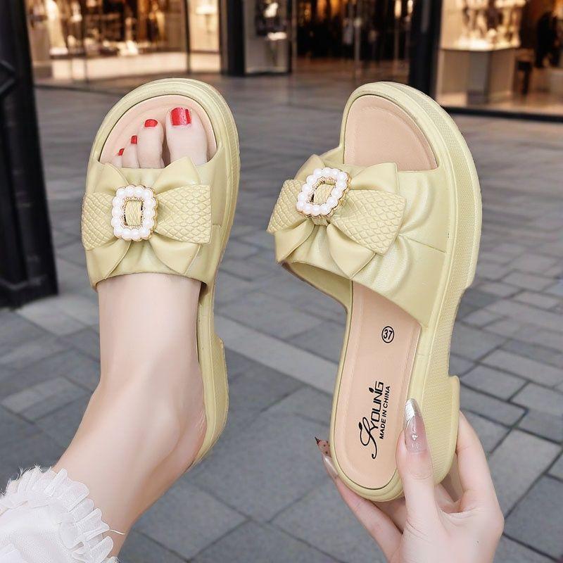 Summer Thick Sole Ladies Slippers Fashion Casual Bow Home Slippers Non-Slip Comfortable Sandals