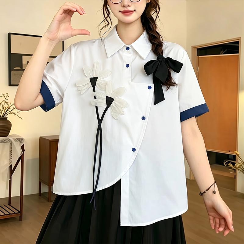 ZANZEA Women Casual Turn Down Collar 3D Floral Splice Loose Short Sleeve Blouse M