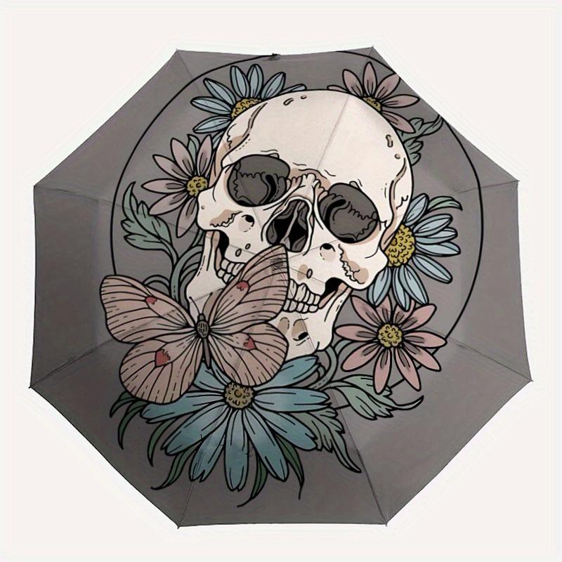 

1pc Skull Flowers Automatic Folding Umbrella Portable Collapsible Design, 8-Rib Iron Frame, Durable Fabric146