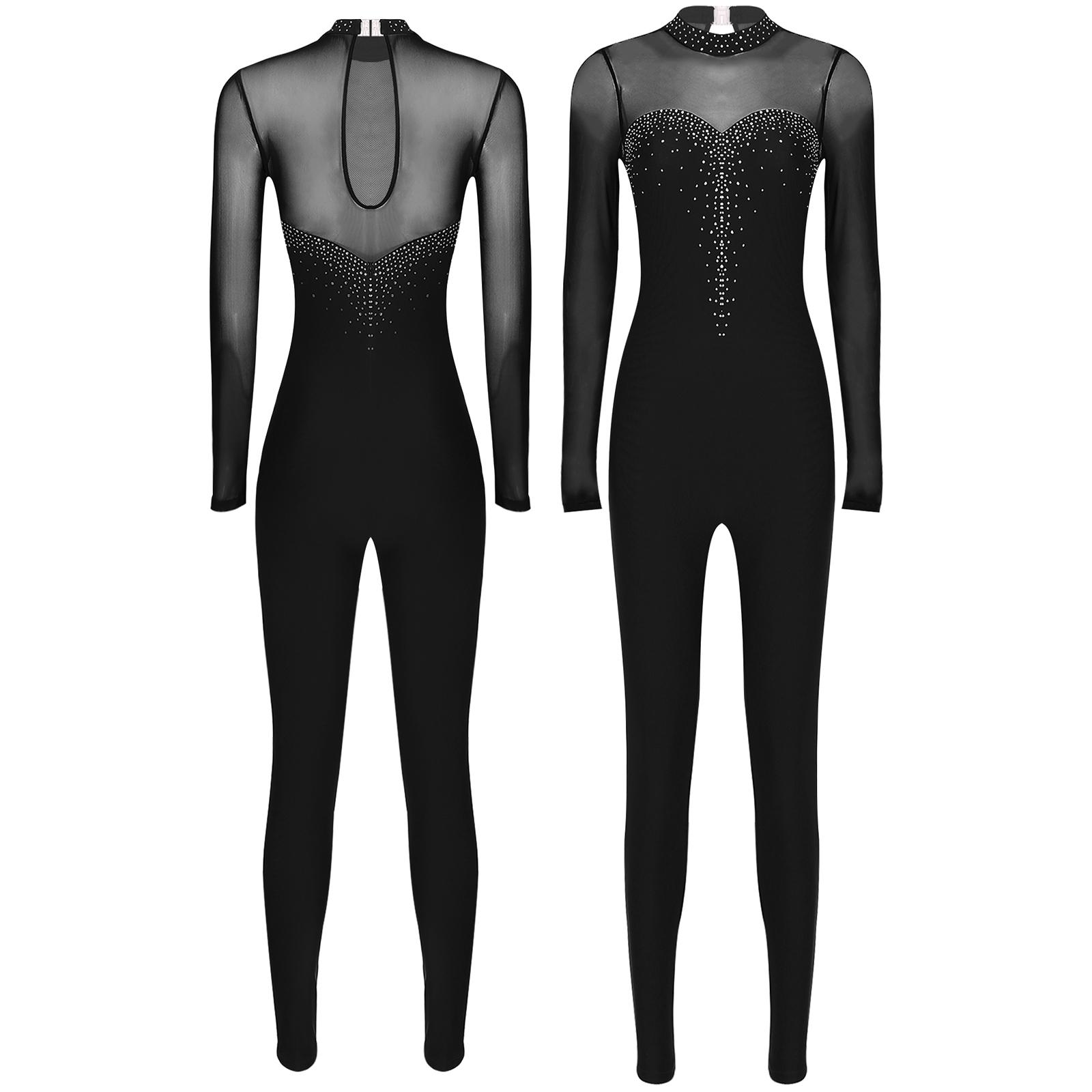 Tuta da ballo jazz, ginnastica ritmica, abbigliamento da spettacolo sul palco, pattinaggio artistico, costume da ginnastica, danza, donna, tuta con schiena scoperta e strass S nero
