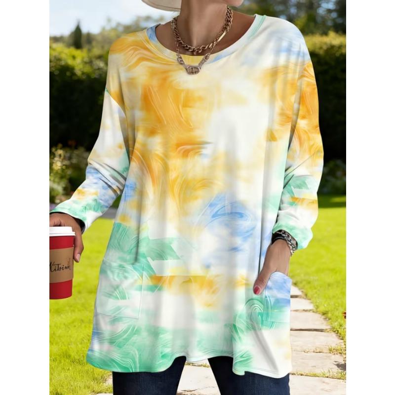 Women's long-sleeved round-neck T-shirt, suitable for spring, autumn and winter seasons. It has pockets and print designs. machine washable.
