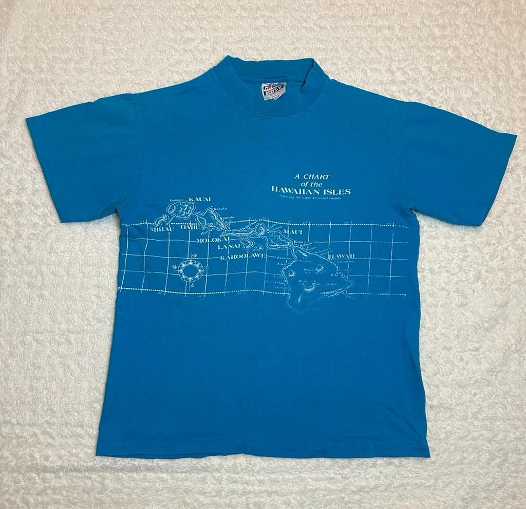 VTG 80s/90s Chart Of Hawaii Isles Islands Surf Blue Single Stitch T-Shirt Size M