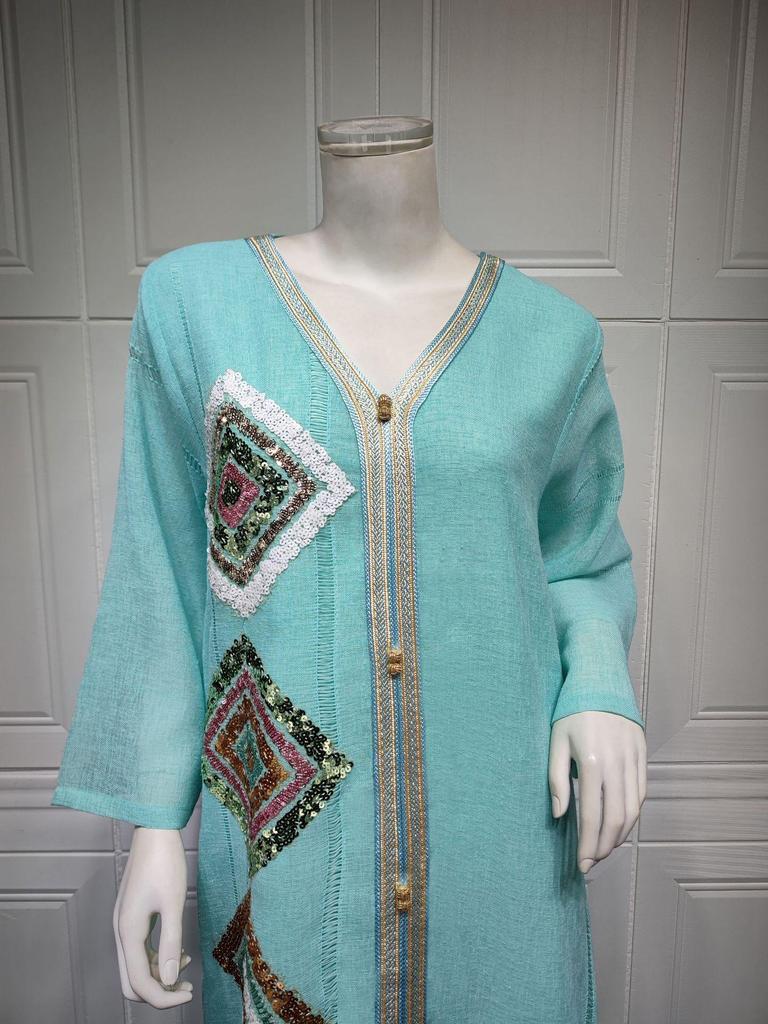 AB185 Abaya Transfrontalieră din Bumbac In cu Broderie cu Paiete – Robă de Modă cu Croială Largă