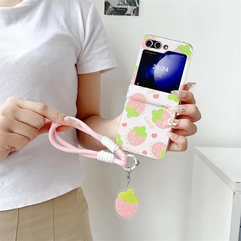 For Samsung Galaxy Z Flip 3 4 5 6 Case Summer Fruit Hand Strap Hard Cover For Samsung Z Flip5 ZFlip5 With Lanyard