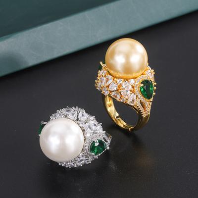 Jewelry Inlaid Gold White Bead Light Gold Retro Diamond Inlaid Ring 16Mm