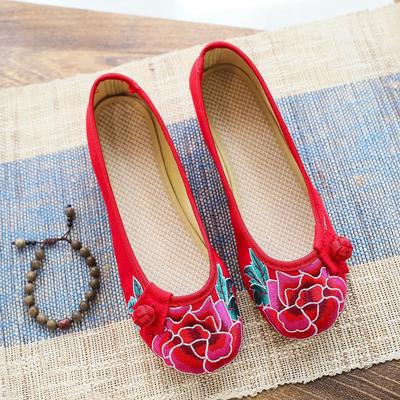 Retro Knotenknopf bestickte Stoffschuhe, Damen Einzelschuhe, Canvas Schuhe niedrige Absätze
