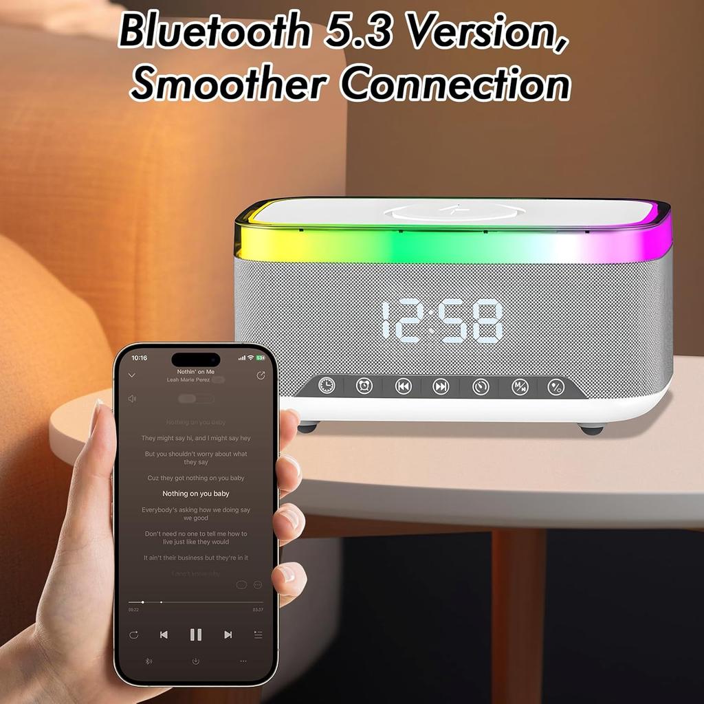 Despertador de Rádio de Cabeceira, Despertador com Carregamento Sem Fio de 15W, Alto-falante Bluetooth, Carregador Sem Fio, 13 Efeitos de Iluminação LED, Rádio FM, Carregamento USB