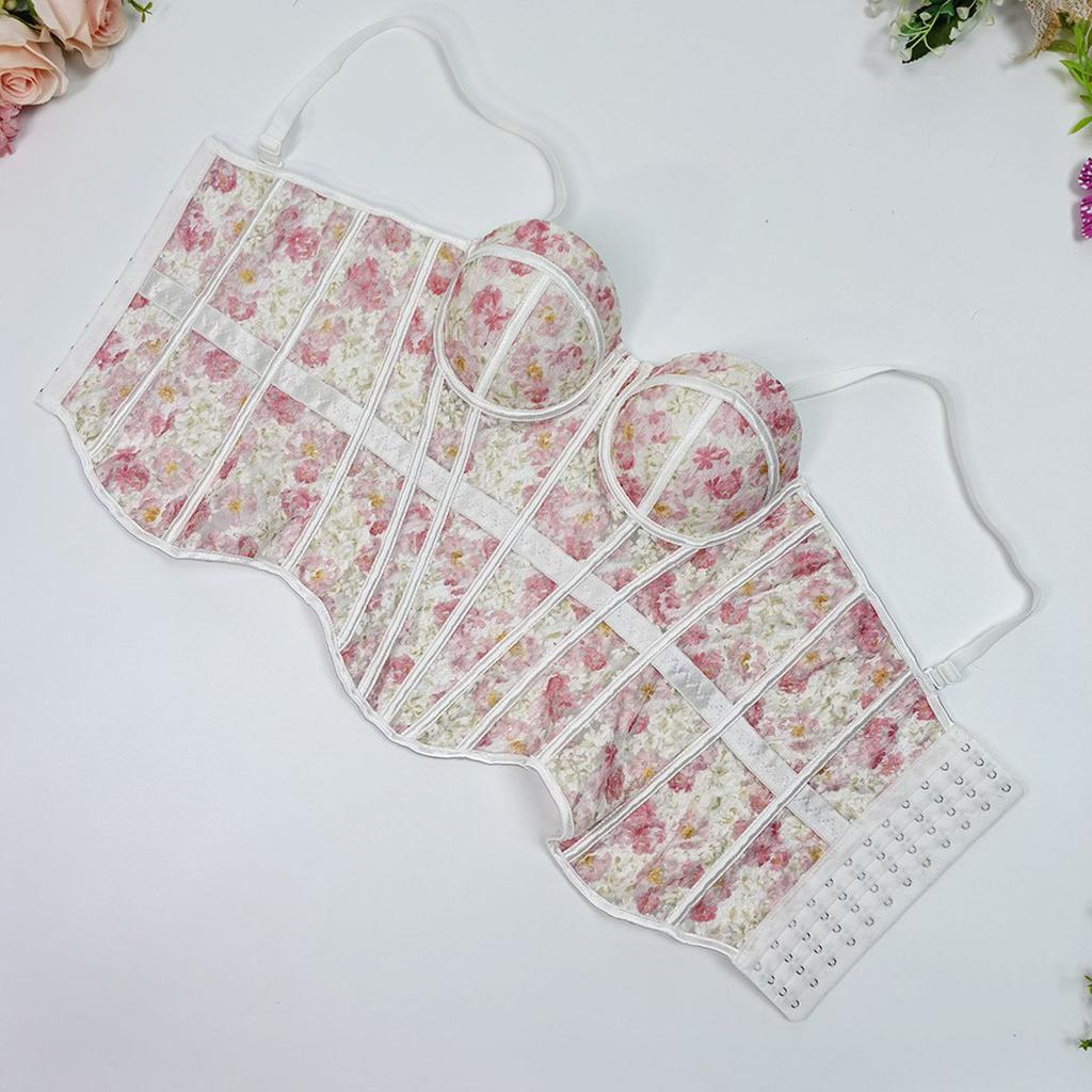 Women Floral Print Bralette Corset Top Spaghetti Strap Sweetheart Neckline Lace Up Bustier Summer Tank Top