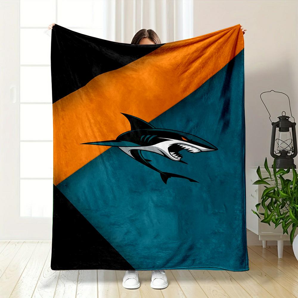 Fierce Shark Graphic On Color Blocks Patterned Flannel Blanket Perfect for the Bedroom Living Room, Sofa, or a Little Nap