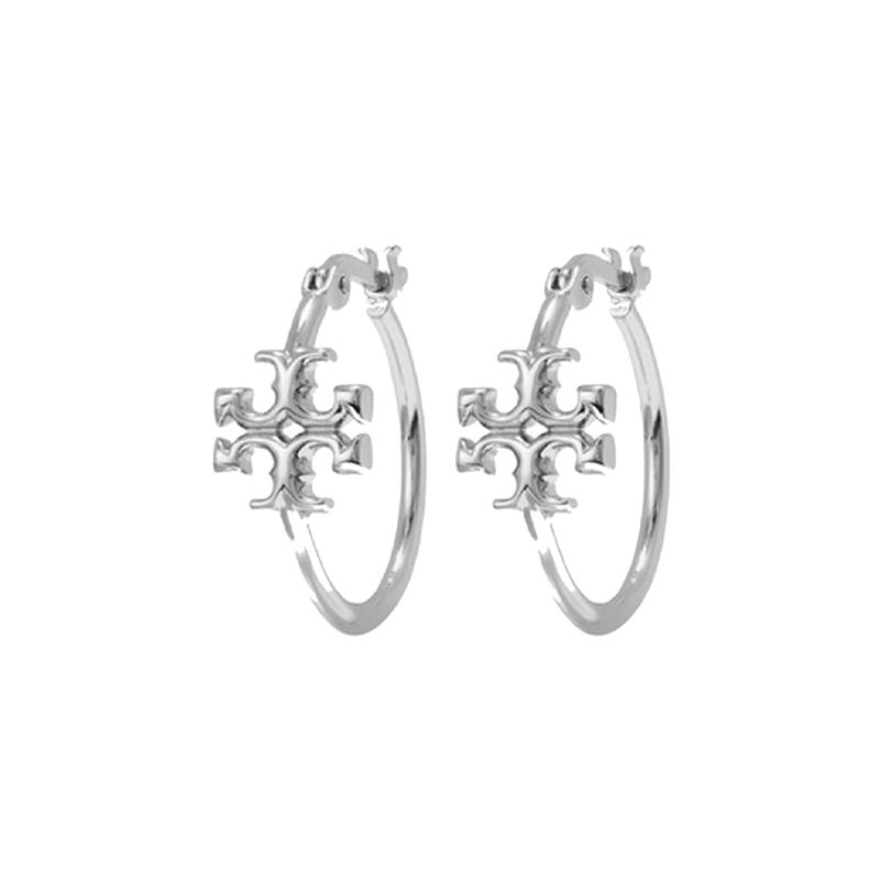 TORY BURCH Double TLogo hoop small brass earrings for women 138067-020-Silver F серебряный