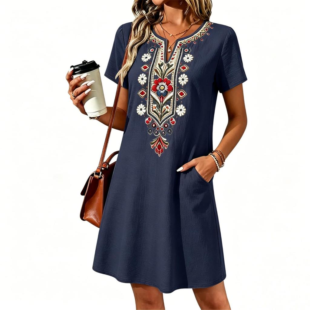 Robe Tunique Unie Brodée Décontractée Ample pour Femme Manches Courtes Col en V avec Poches Légère Confortable