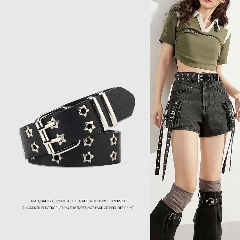 110cm Unisex Men Belts For Women High Quality Double Hole Star Eyelet Hip Hop Rock Subculture Belt Punch Free Size