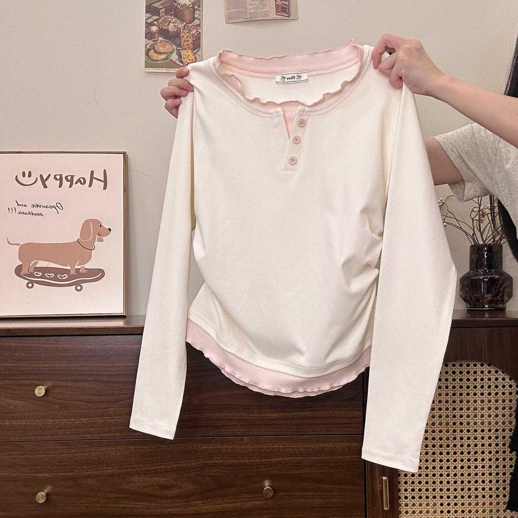 Dámské tričko s dlouhým rukávem Color-Block s volánkem, falešný dvoudílný design - Sladký top stahující v pase pro jaro a podzim