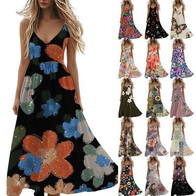 Boho Sommerkleider V-Ausschnitt Blumendruck Sonnenkleider, Strand Trendige Luftige Kleider für Damen