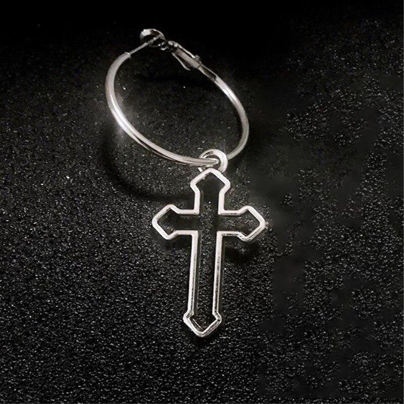 Punk Hollow Cross Pendant Dangle Earrings For Women Minimalist Silver Color Round Circle Drop Dangle Earring Ear Jewelry Gifts