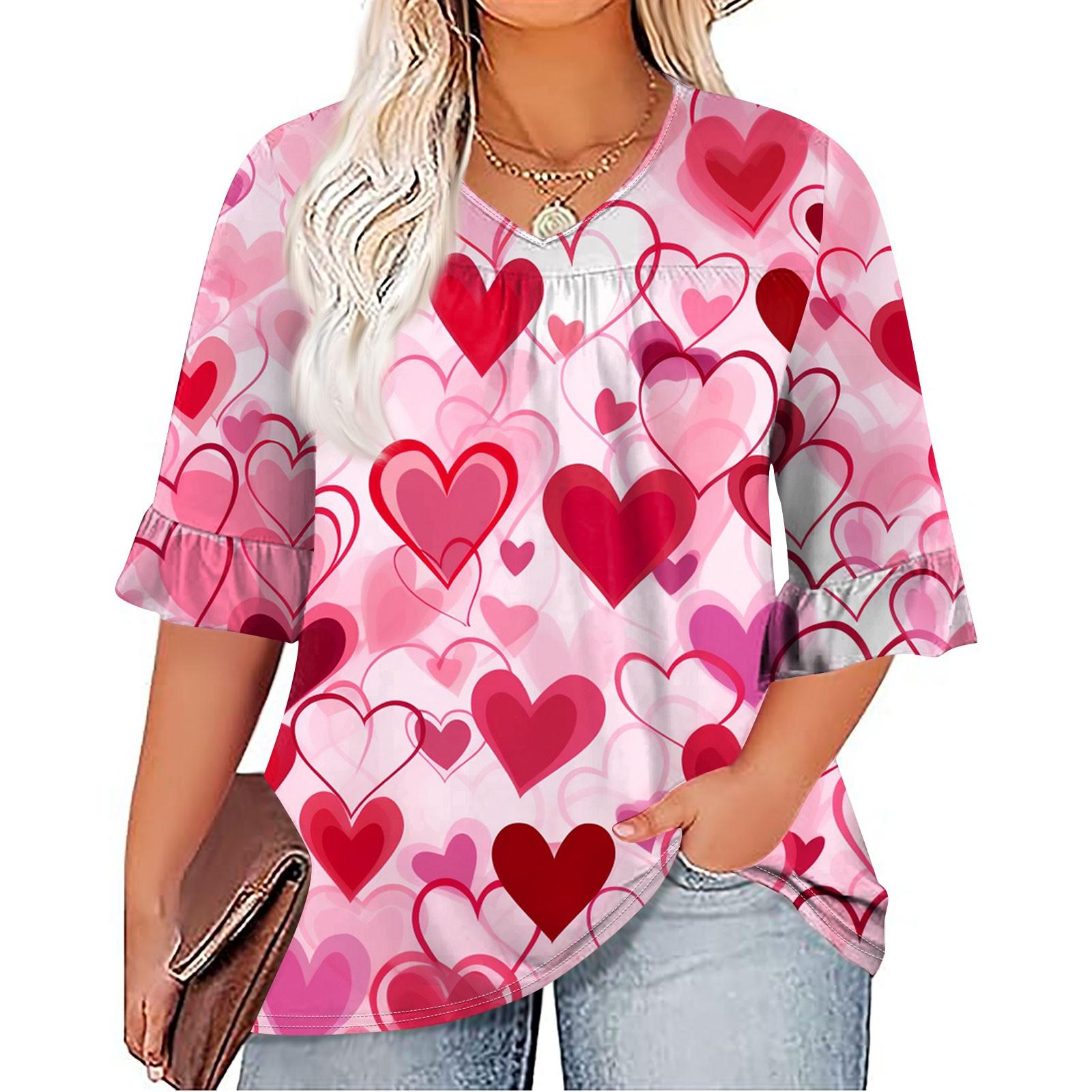 

Женская мода, повседневная плиссированная футболка с v-образным вырезом и принтом, семиминутная футболка с рюшами и рукавами, топы больших размеров XXL розовый